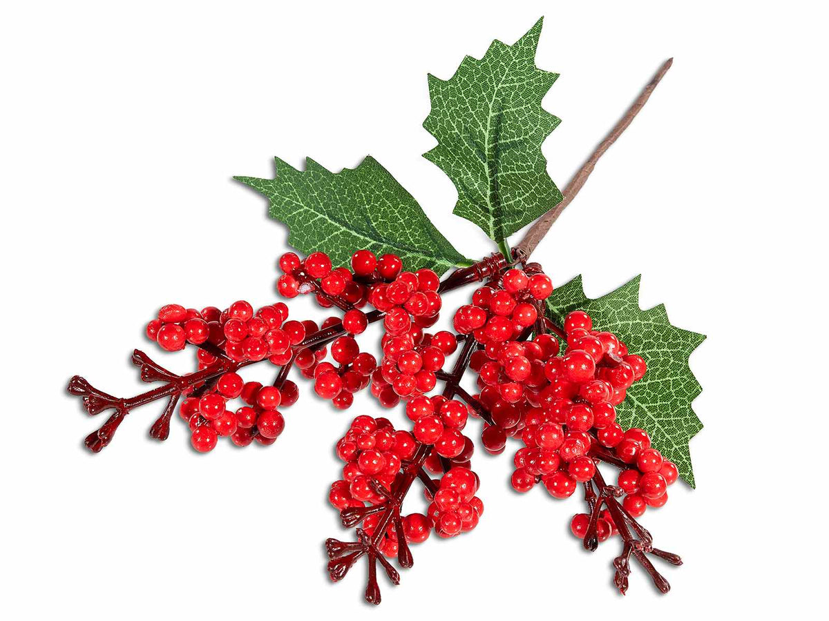Rametti pick natalizi di bacche rosse e foglie verdi, set da 24 pezzi, cm 11 H (con gambo 21)
