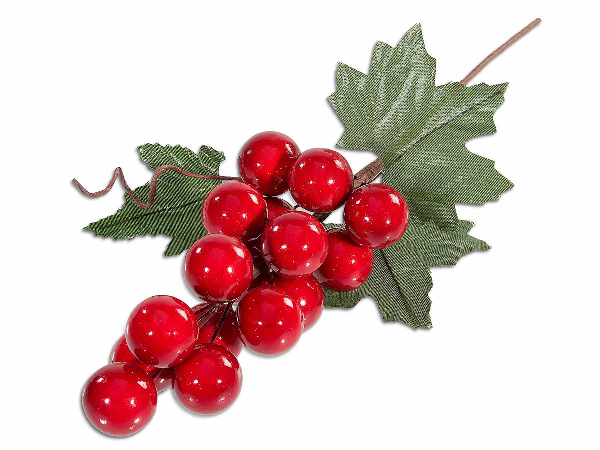 Rami decorativi natalizi di bacche rosse e foglie verdi artificiali, set da 20 pezzi, cm 17 H (con gambo 32,5)