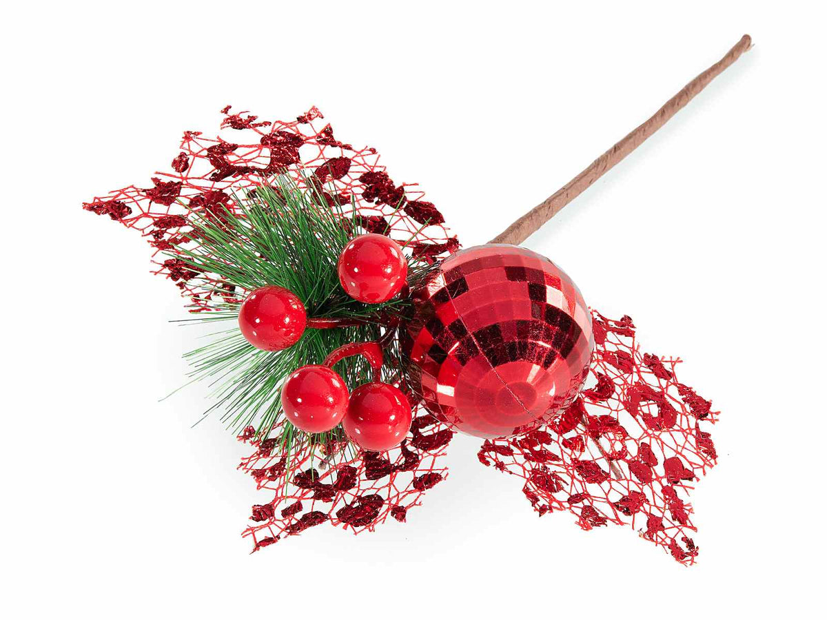 Set di 24 rametti natalizi pick di bacche rosse, foglie metallizzate, pino e pallina effetto specchiato, cm 9 H (c/gambo 20)