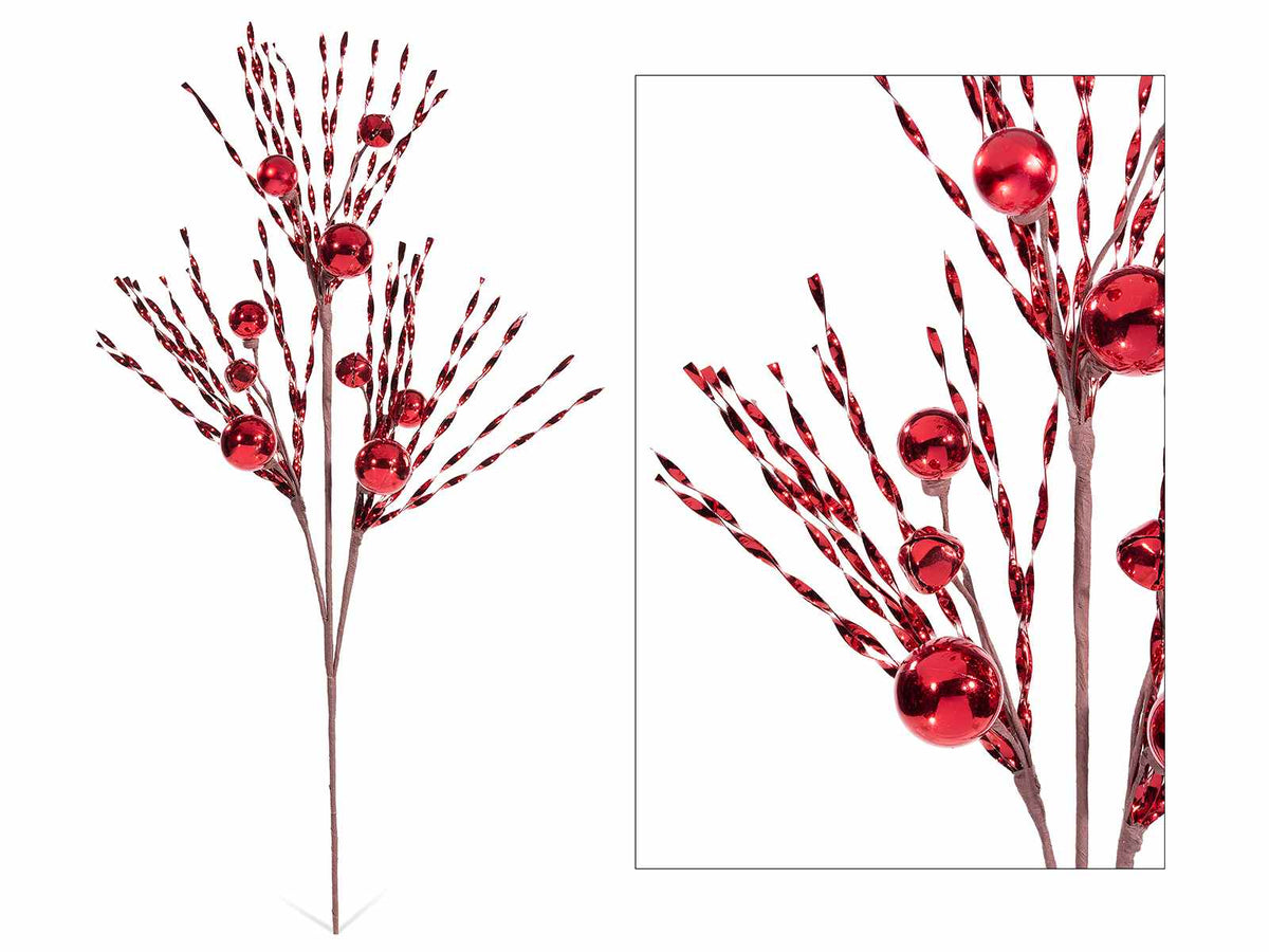 Rami decorativi di Natale di filamenti, palline e campanelle rosse, set da 8 pezzi, cm 45 H (con gambo 75)