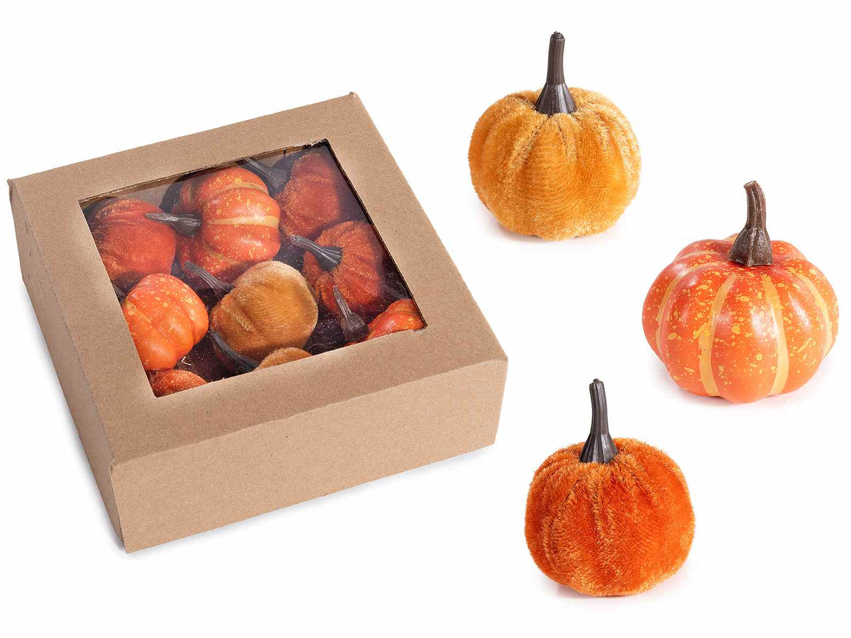 Zucche artificiali decorative in scatola da 9 pezzi. Ideali per allestire, set da 6 pezzi, Zucca: Ø 5 cm x 5 H