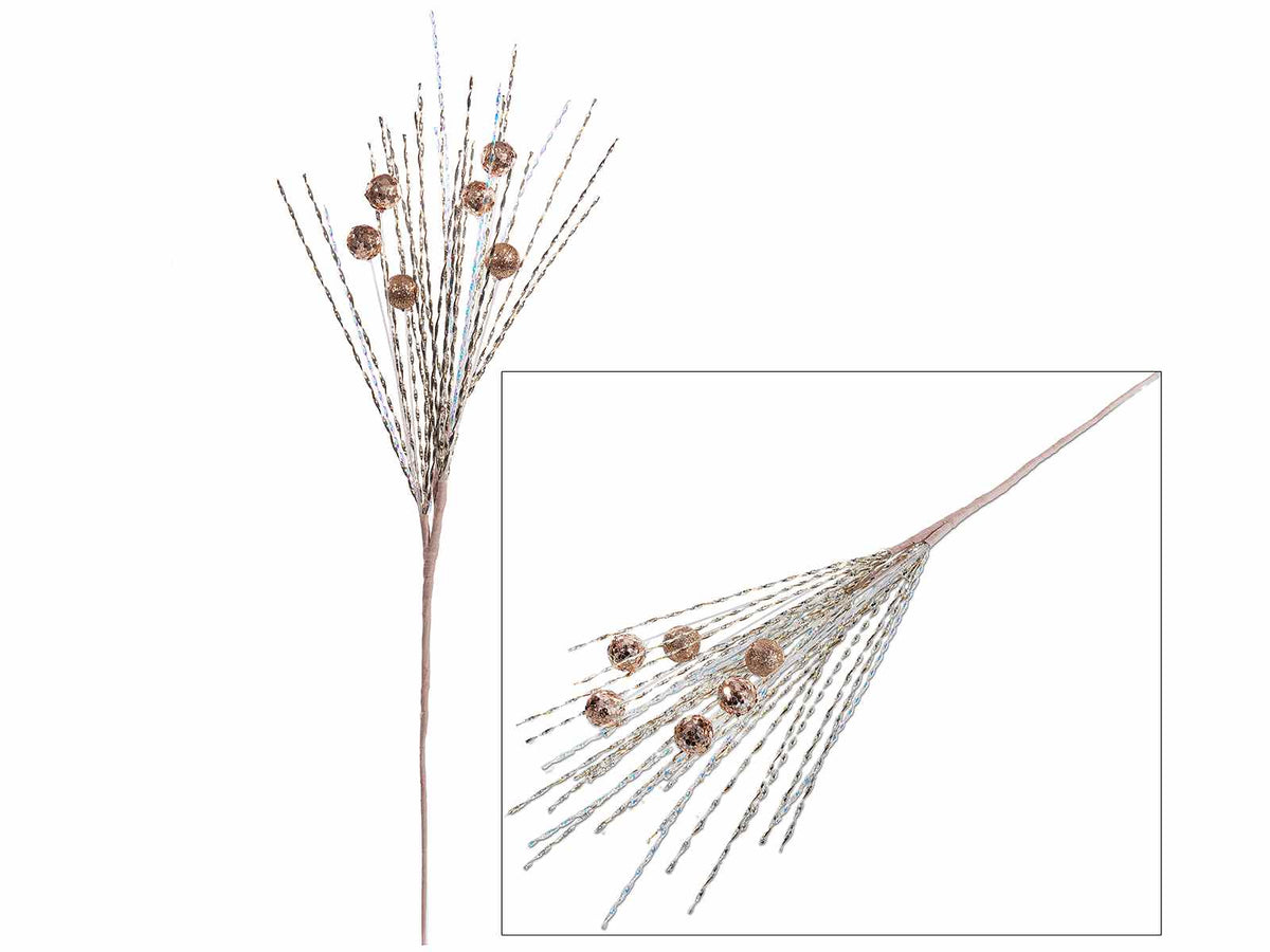 Rami decorativi natalizi con filamenti e bacche glitterate champagne, set da 12 pezzi, cm 34 H (con gambo 62)
