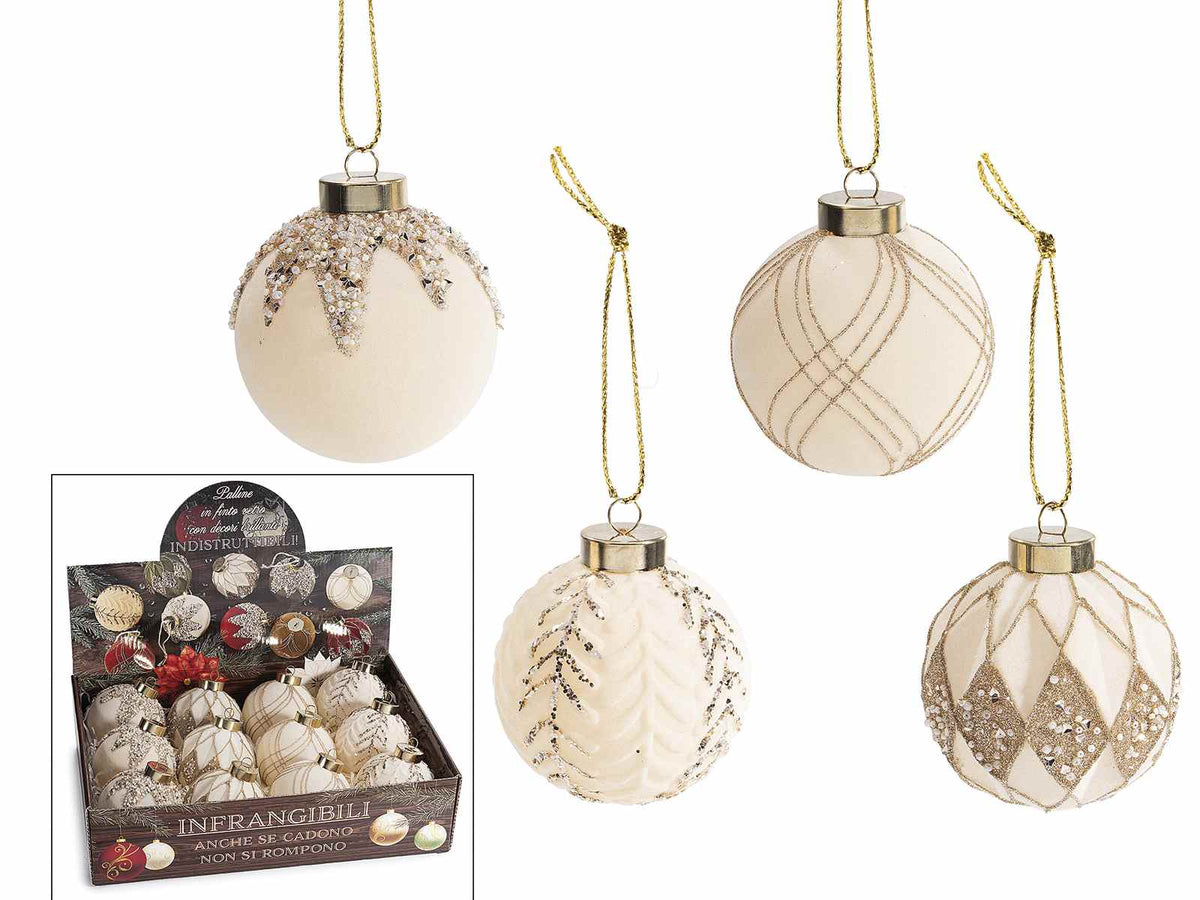 Palline di Natale in finto vetro infrangibile bianca con decori a fantasia oro, set da 12 pezzi, Ø 8 cm