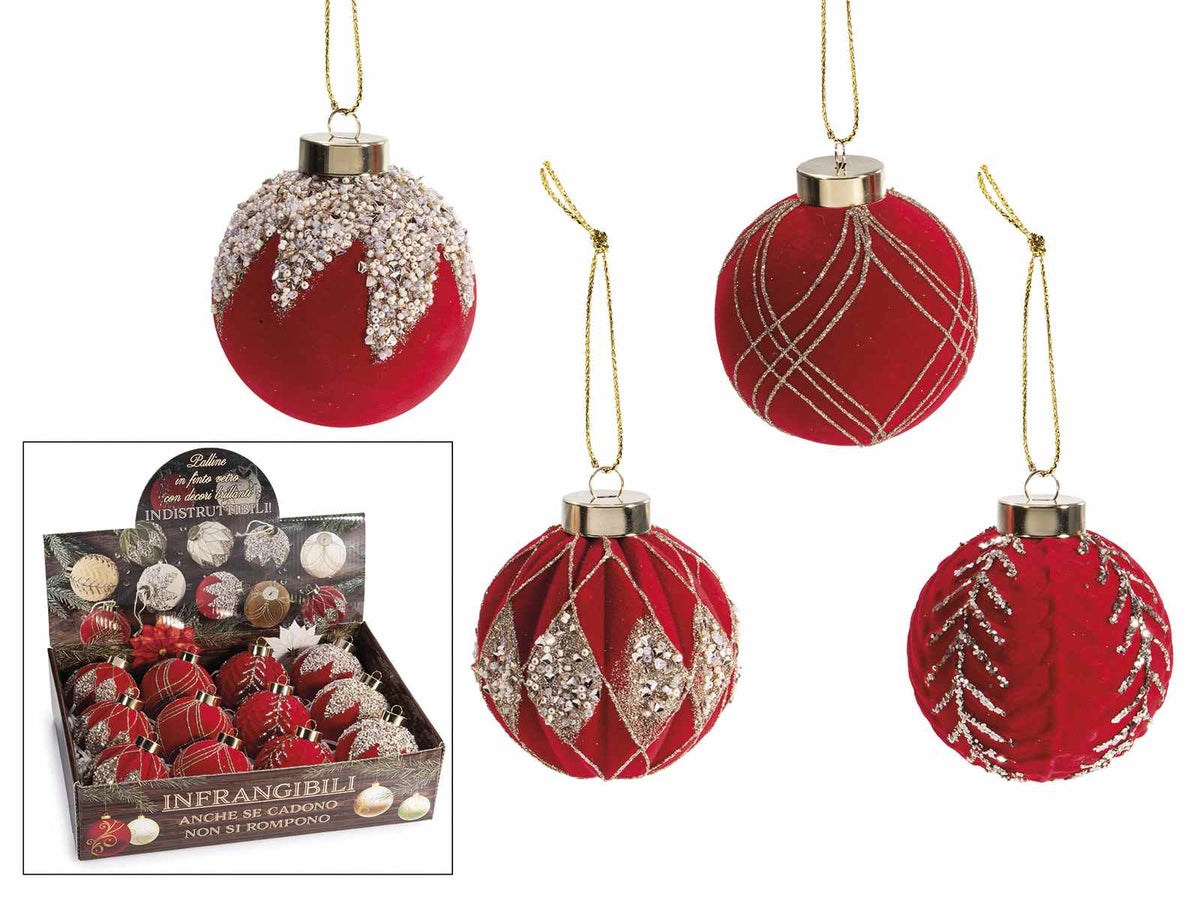 Palline di Natale in finto vetro rosso infrangibile con decori brillanti, set da 12 pezzi, Ø 8 cm