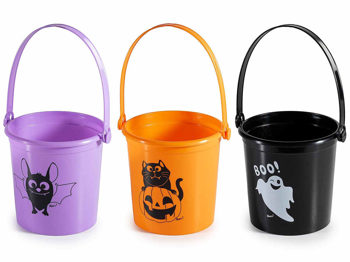 Secchielli dolcetto o scherzetto in plastica con decorazione a tema Halloween, set da 30 pezzi, Ø11cmx10,5H (c / manico21)