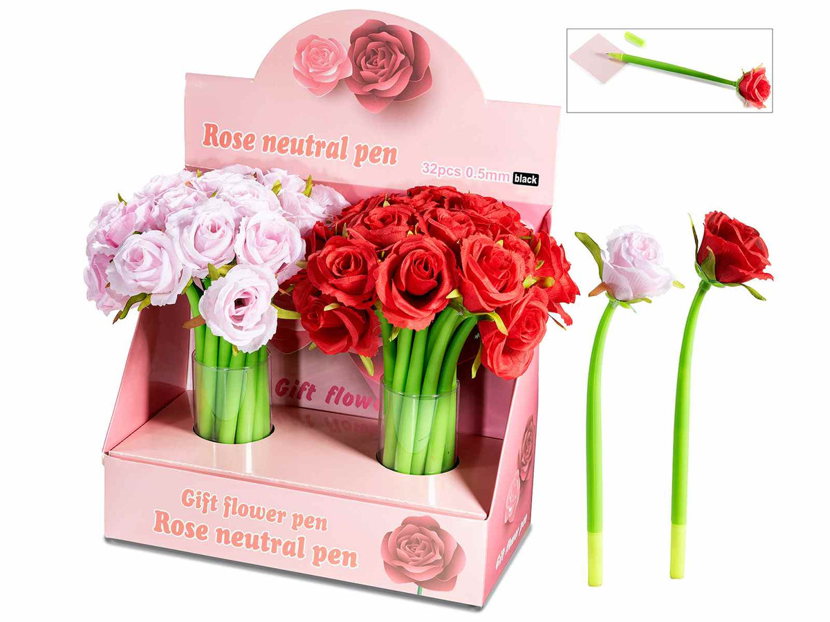 Penne a sfera con rose in tessuto e gambo flessibile, in espositore da 16, set da 32 pezzi, cm24,5H - Inchiostro:nero