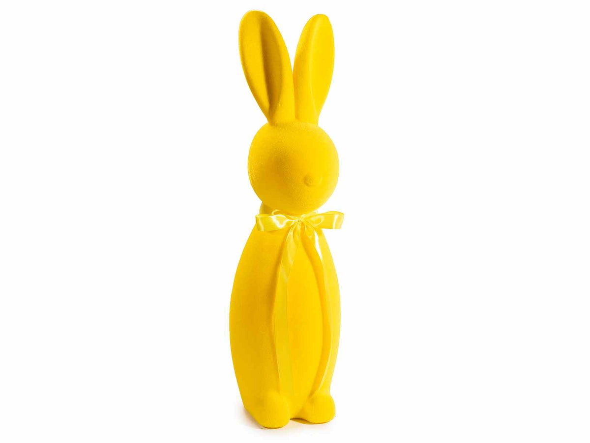 Conigli di Pasqua gialli rivestiti in velluto con fiocco in raso, cm 19 x 22 x 68 H