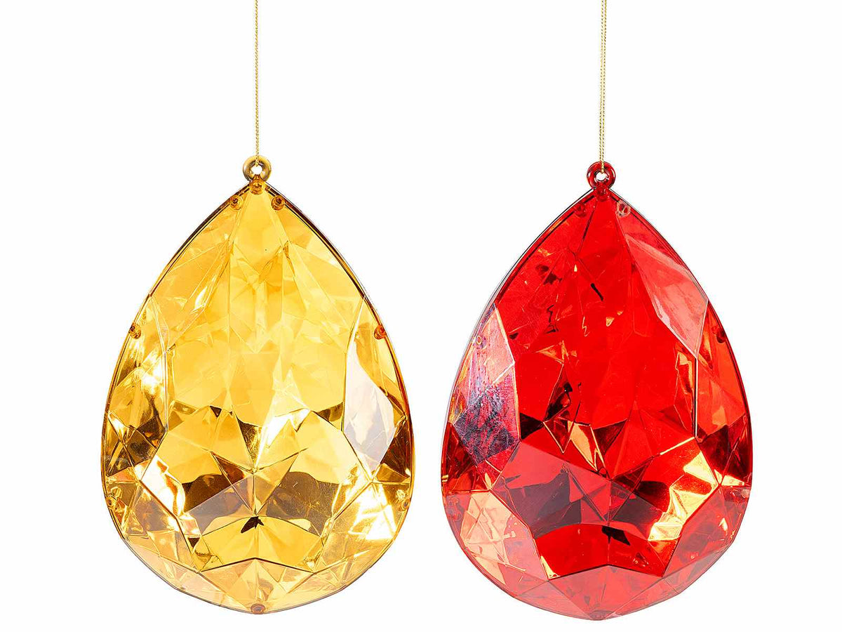 Addobbi natalizi diamante a goccia in plastica colorata con fondo specchiato effetto riflettente. Da appendere, set da 4 pezzi, cm 12,5 x 7,5 x 19 H