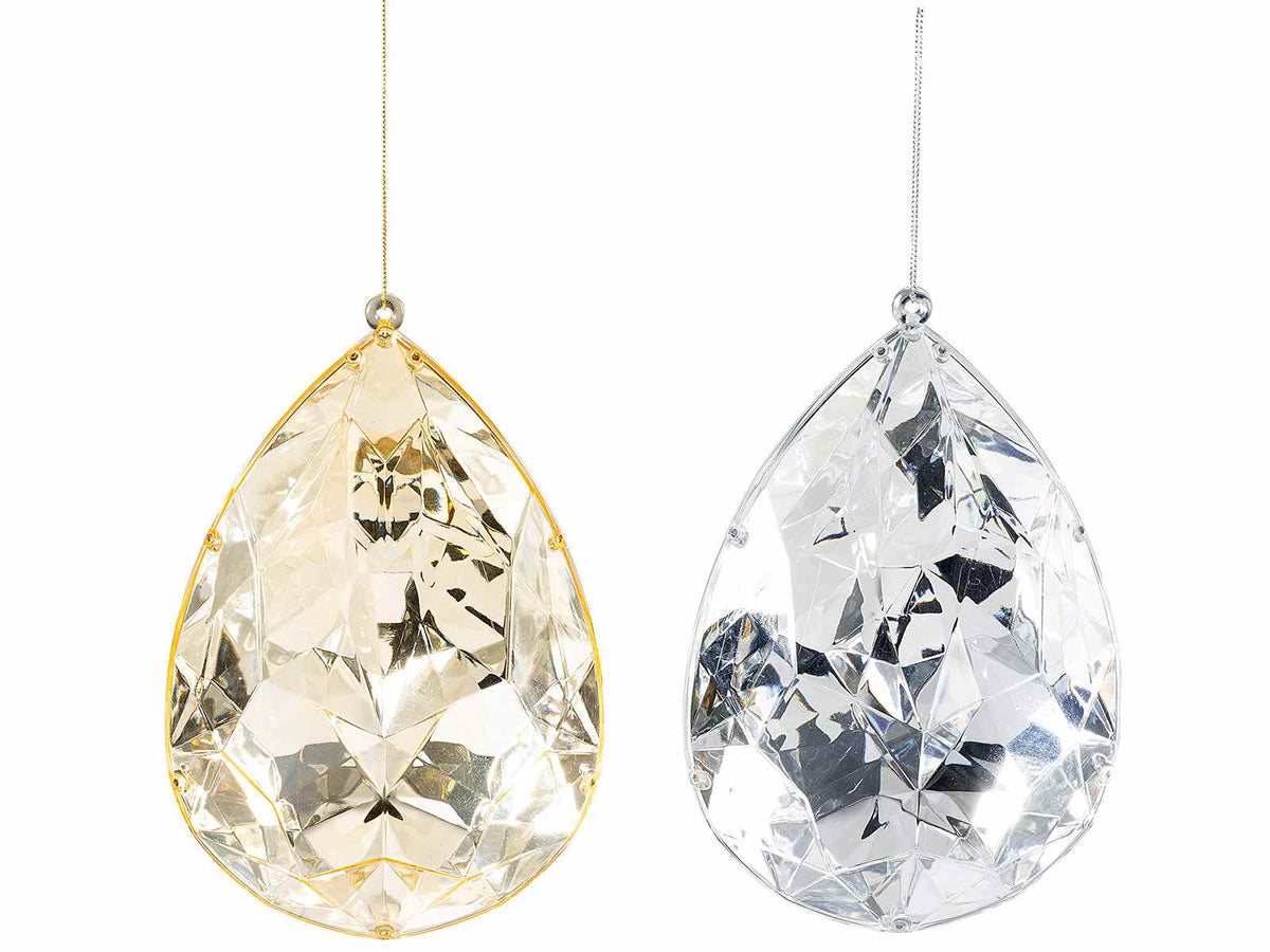 Addobbi natalizi diamante a goccia in plastica colorata con fondo specchiato, set da 4 pezzi, cm 12,5 x 7,5 x 19 H