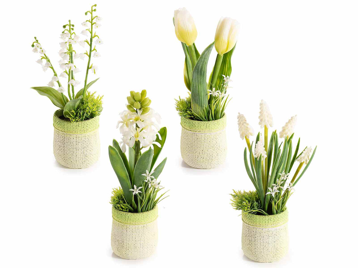 Vasi colorati ad effetto juta con fiori artificiali bianchi, set da 4 pezzi, cm 6,5 x 6 x 23 H