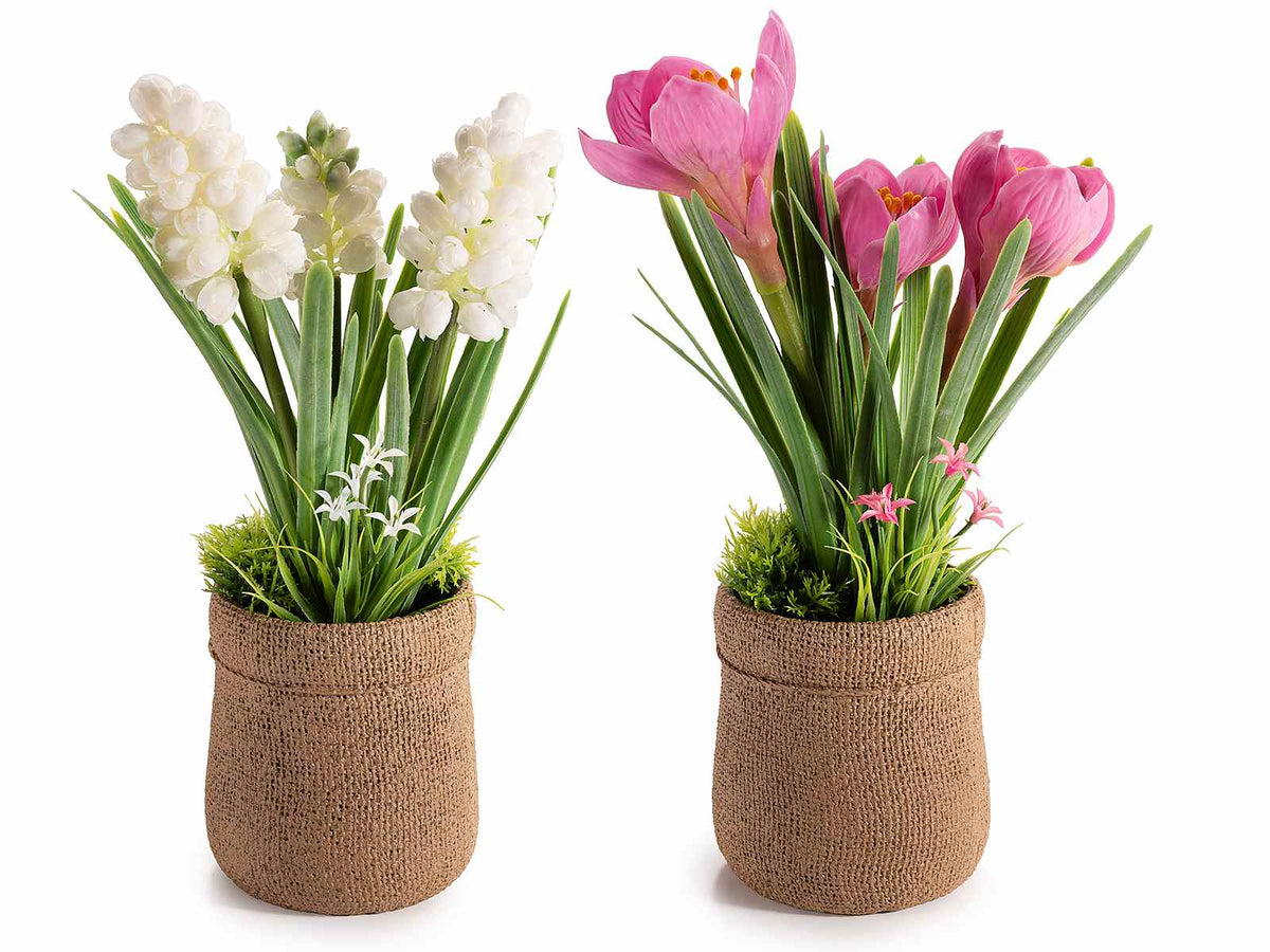 Vasi ad effetto juta con fiori artificiali colorati, set da 2 pezzi, Ø 8,5 cm x 27,5 H