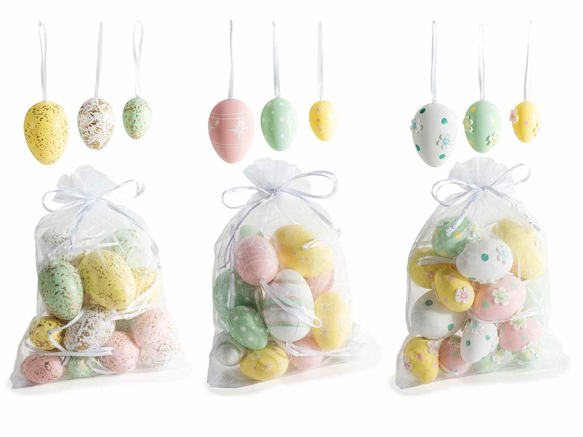 Uova artificiali colorate da appendere in sacchetto di organza, set da 6 pezzi, cm 14 x 6 x 18 H