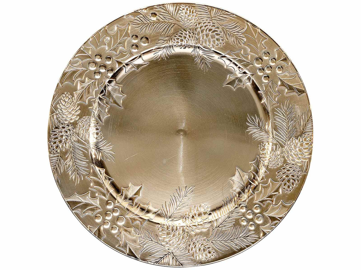 Sottopiatti di Natale in plastica rigida dorata con decorazioni agrifoglio, set da 8 pezzi, Ø 33 cm