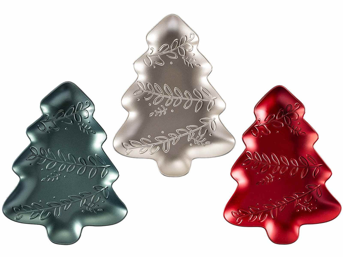 Vassoi natalizi in plastica rigida colorata a forma di Albero con decori, set da 6 pezzi, cm 21,5 x 28,5 H