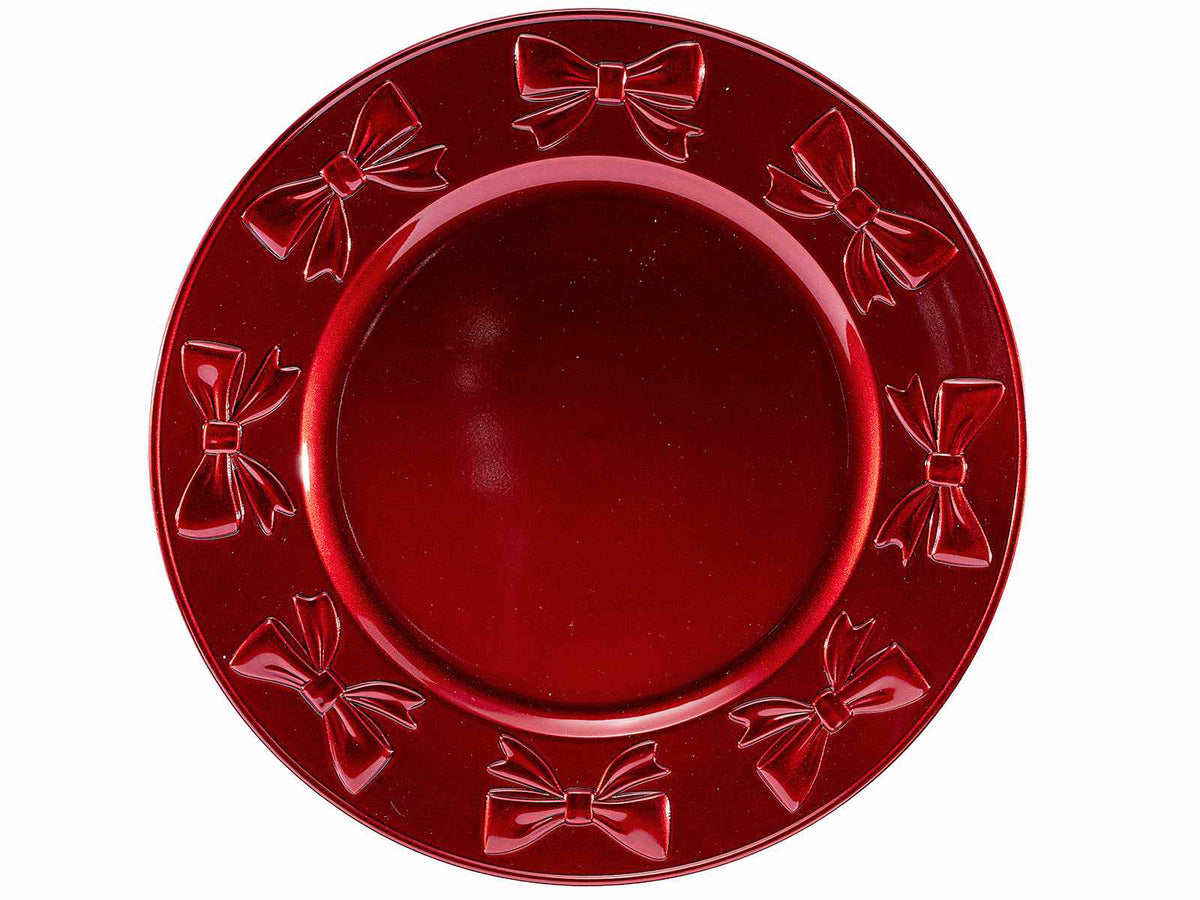 Sottopiatti natalizi in plastica rigida rossa con decorazione fiocchi in rilievo, set da 8 pezzi, Ø 33 cm