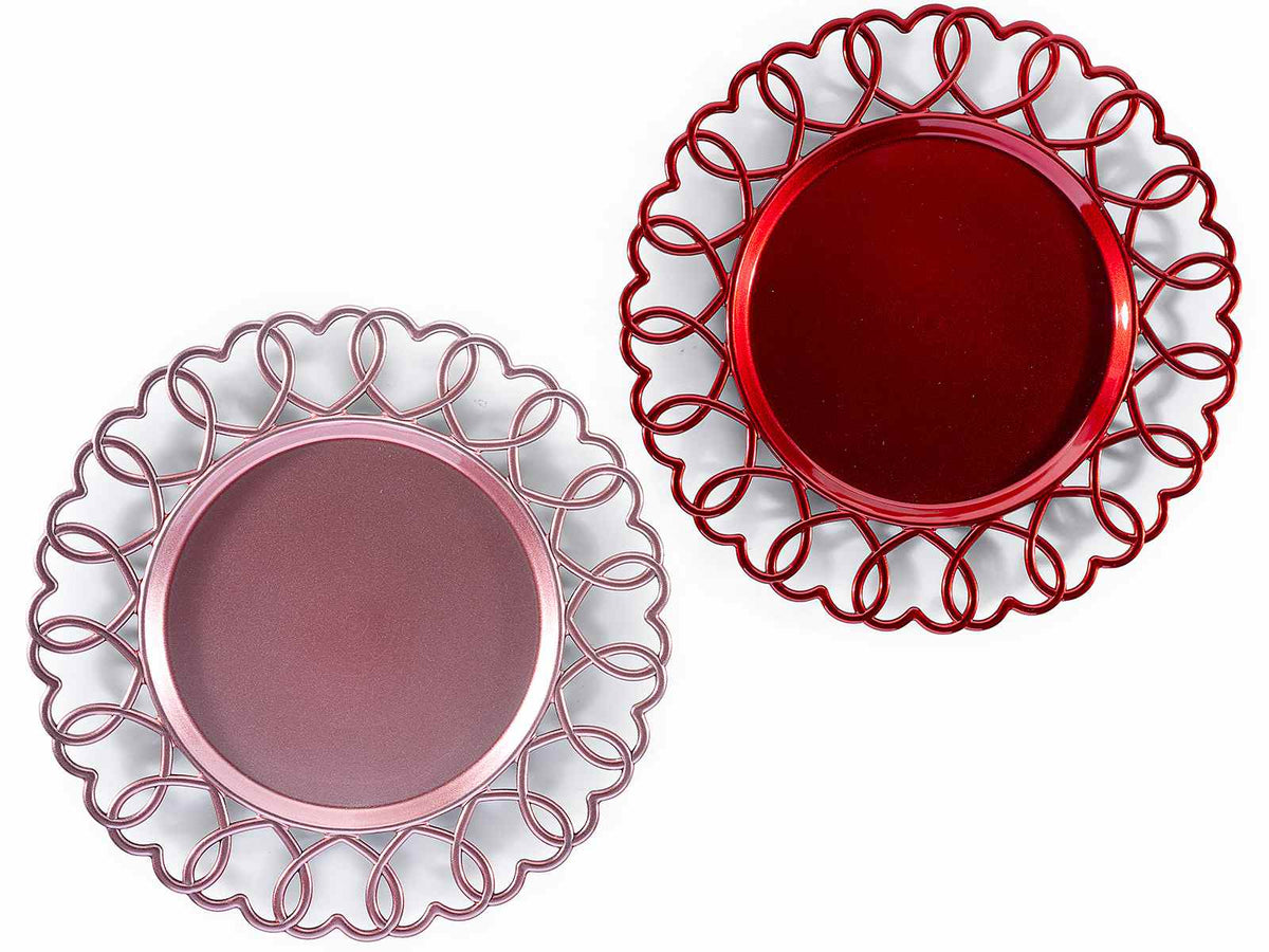 Sottopiatti in plastica rigida rosa e rosso con bordo decorato a forma di cuore, set da 6 pezzi, Ø 33 cm