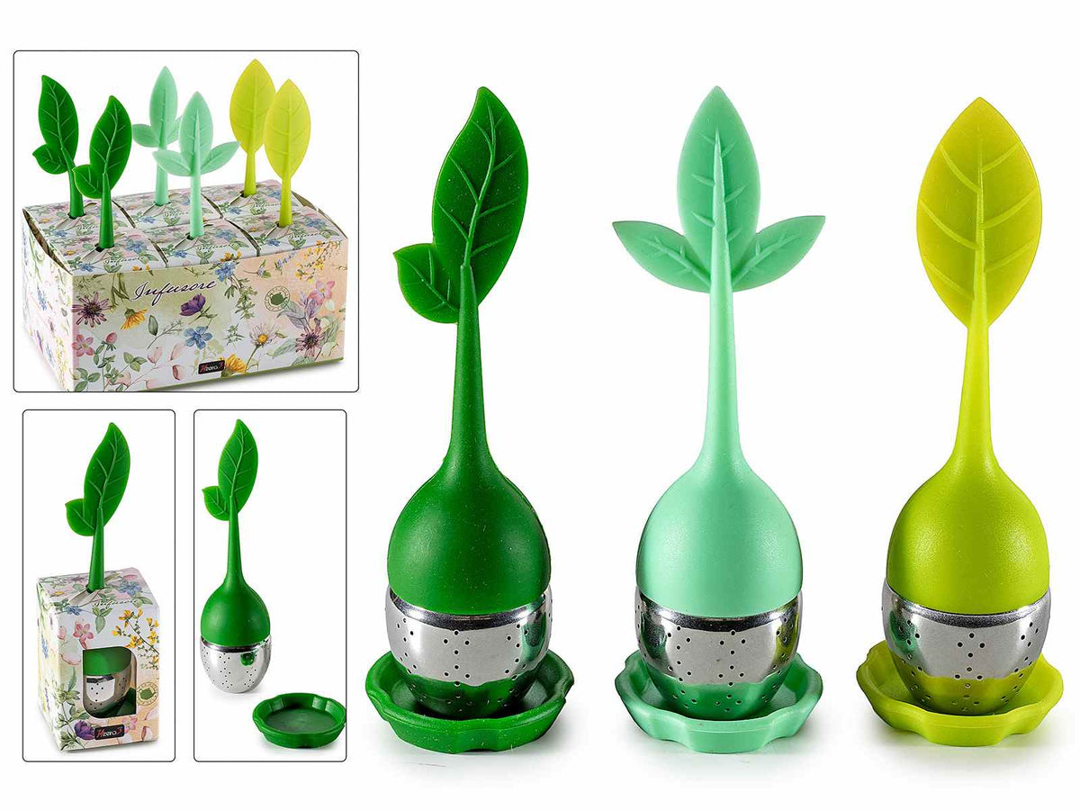 Infusori in acciaio inox e silicone a forma di foglia con piattino, set da 6 pezzi, Infusore: Ø 4 x 15 H