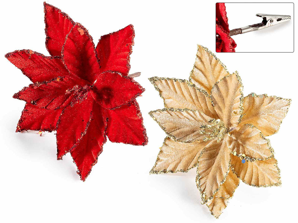 Stelle di Natale pick in stoffa con pistillo e bordo glitterato oro e pratica, set da 16 pezzi, Ø 13 cm x 10 H
