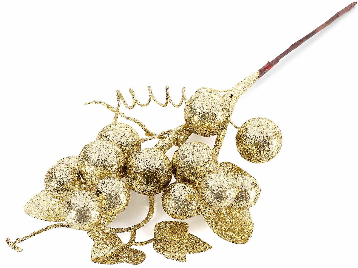 Rami pick natalizi di bacche e foglie dorate glitterate, set da 24 pezzi, cm 15 H (con gambo 26)