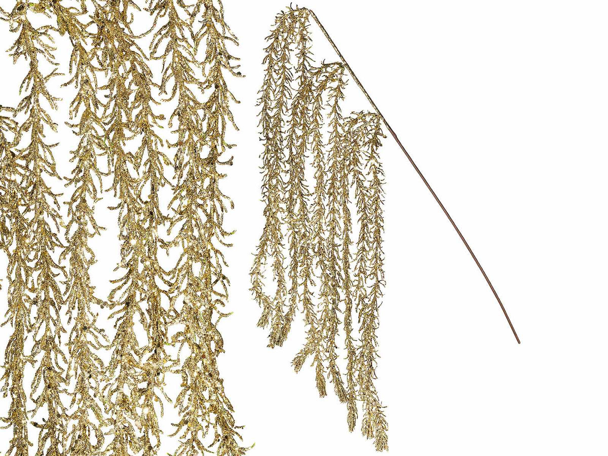 Rami decorativi natalizi di felce dorata glitterata cadente, set da 12 pezzi, Rametto glitterato: cm 52 H