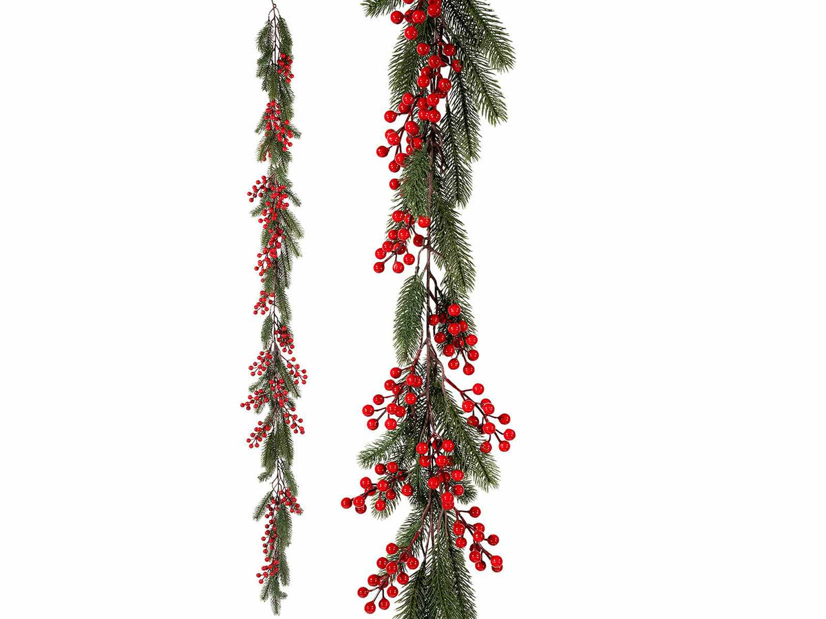 Ghirlande a Festone di Natale con rametti di pino artificiale e bacche rosse, m 1,80