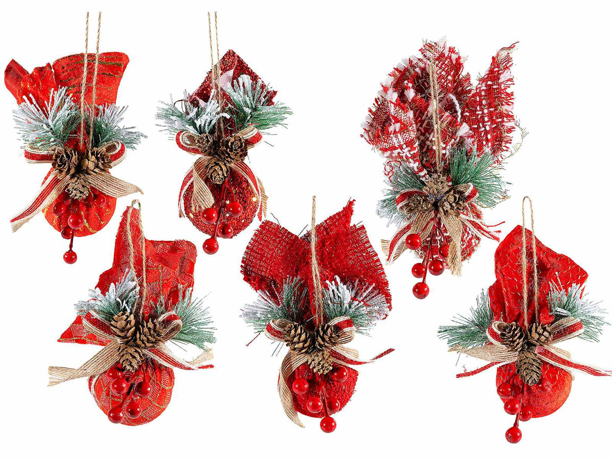 Set di 12 palline di Natale da appendere rivestite con stoffa, rametti, bacche e fiocchetti, Ø 5,5 cm x 16 H