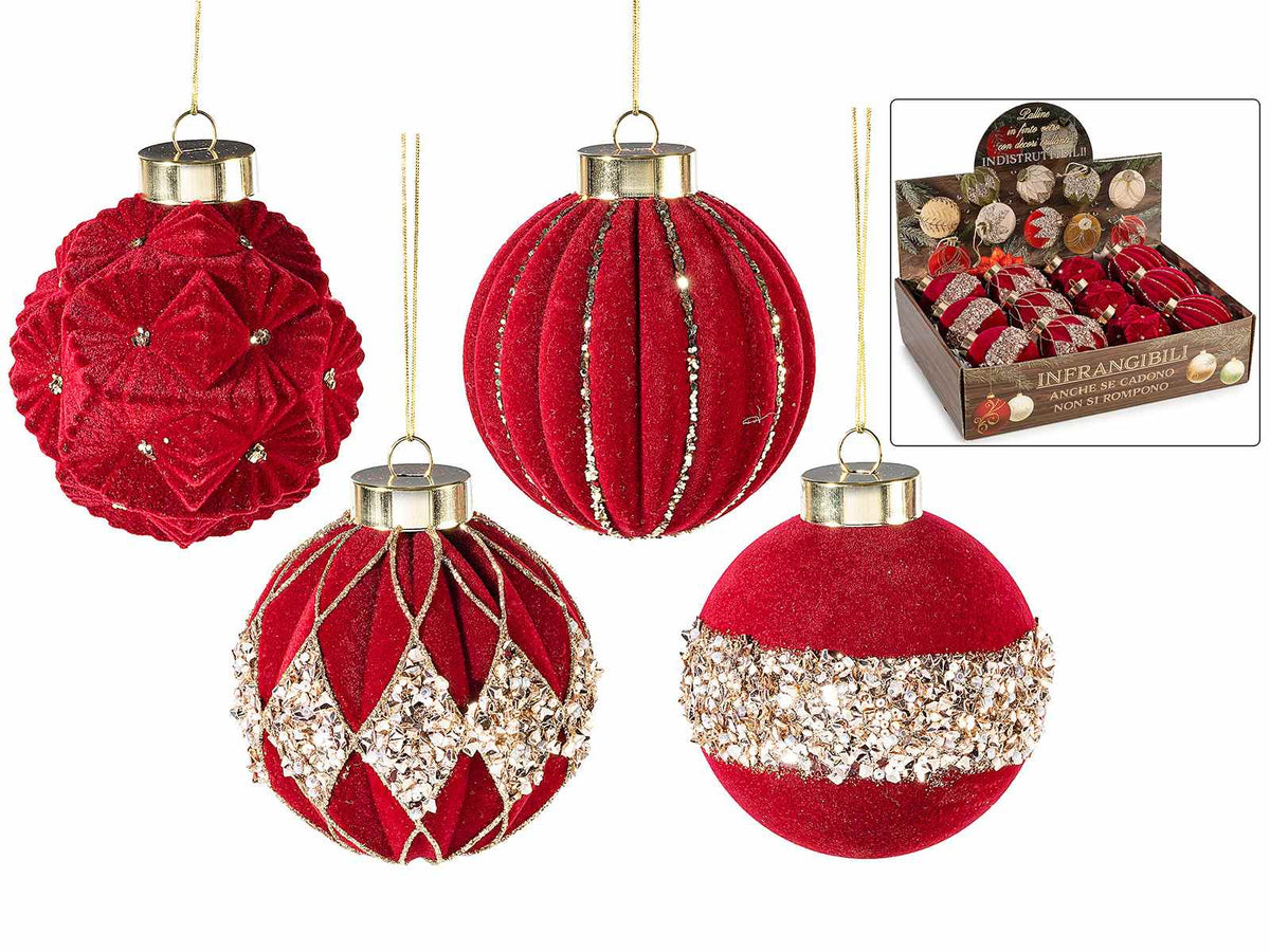 Palline di Natale in finto vetro rosso infrangibile con decori brillanti, set da 12 pezzi, Ø 8 cm