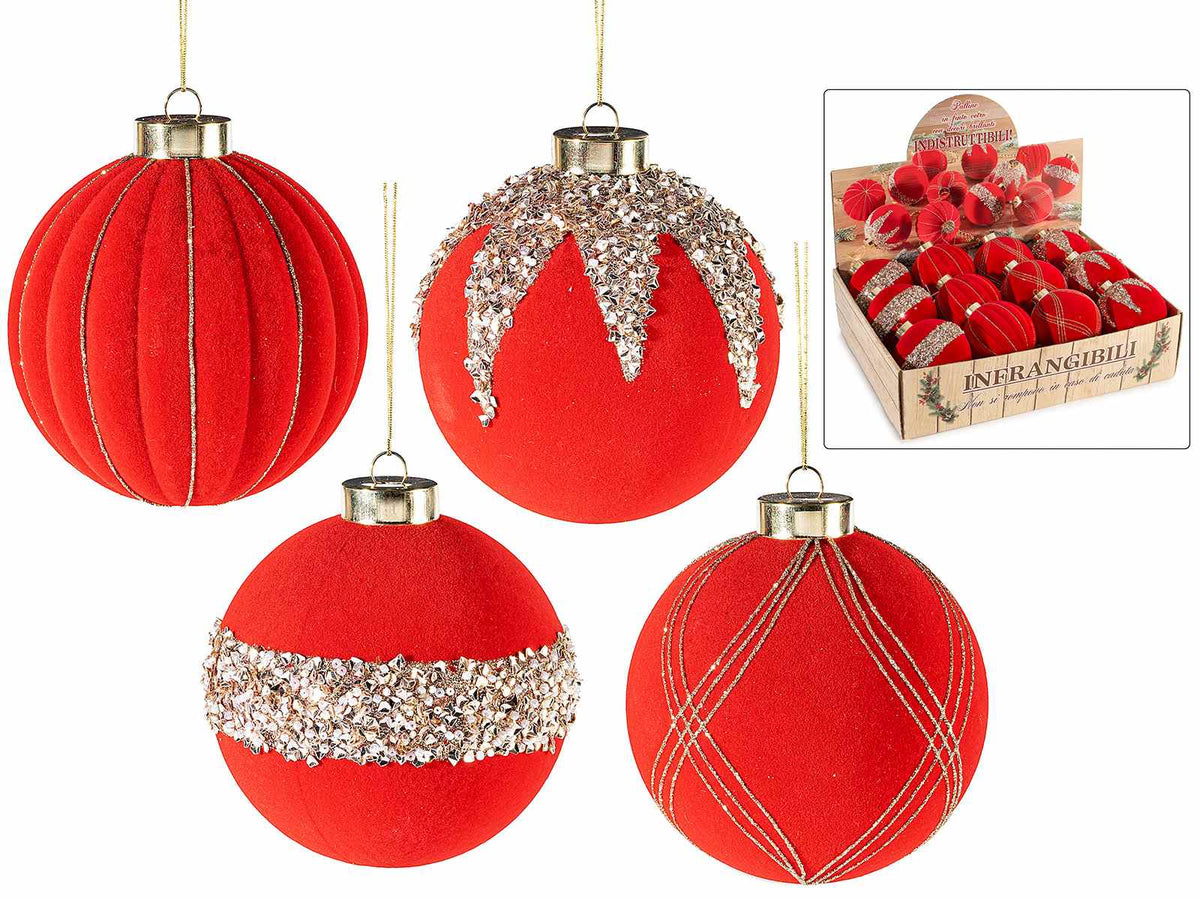 Palline di Natale in finto vetro rosso infrangibile con decori brillanti, set da 12 pezzi, Ø 9,5 cm