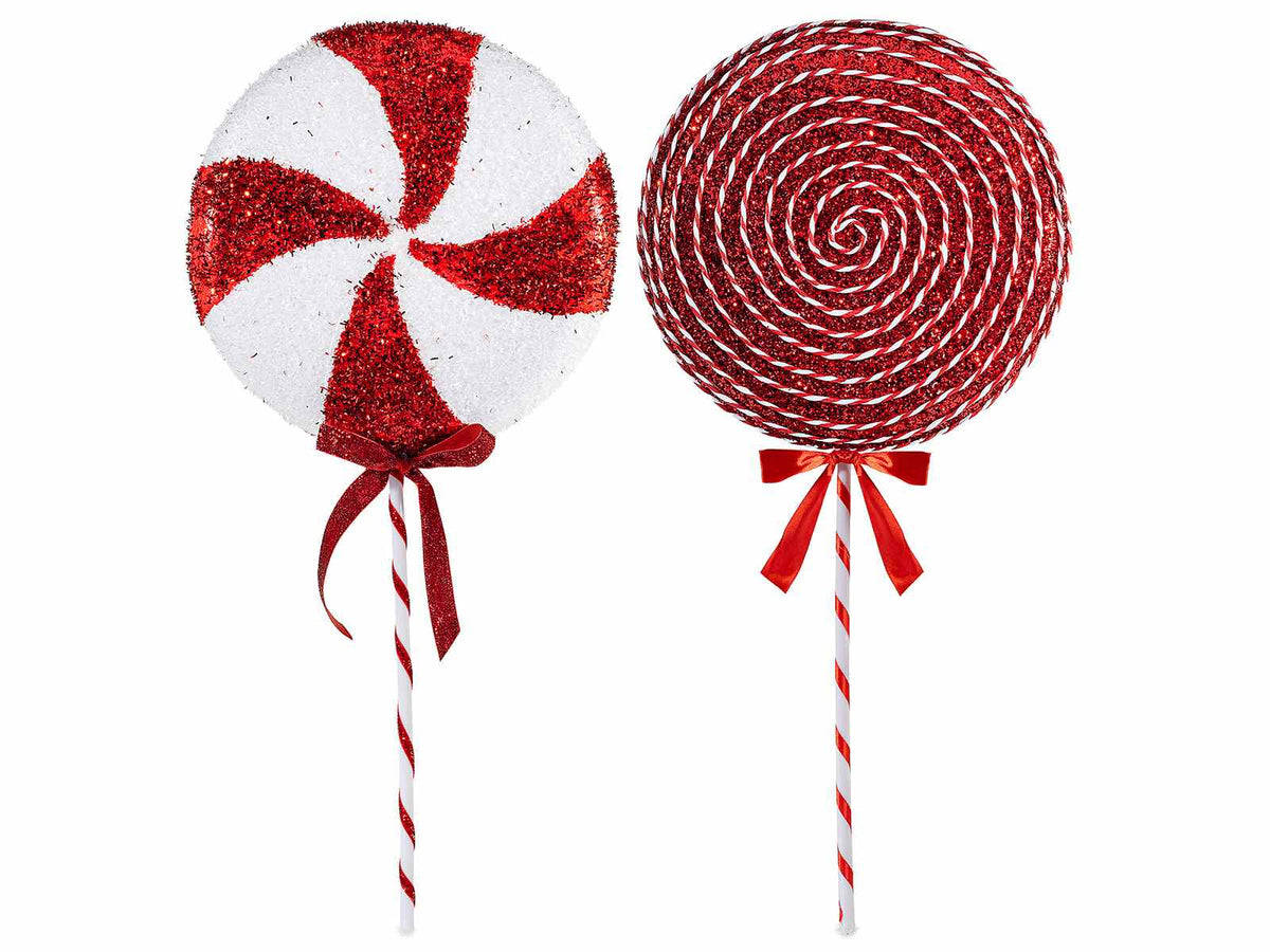Decorazioni natalizie a caramella / stick candy / lollipop con fiocco in velluto, set da 2 pezzi, cm 25 x 5 x 52 H