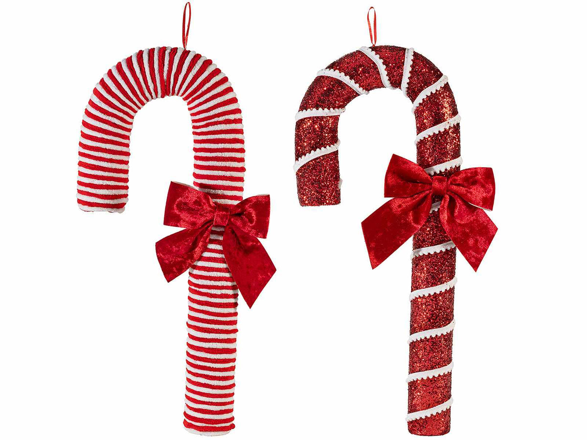Decorazioni natalizie a bastoncino di zucchero da appoggiare con fiocco, set da 2 pezzi, cm 25 x 7 x 53 H