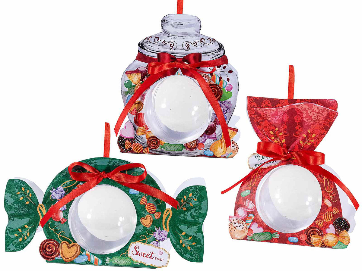 Set di 18 sfere trasparenti apribili in plastica alimentare in confezione a tema dolcetti Perfette da appendere o appoggiare, adatte per confezionare, dolci, confetti e…