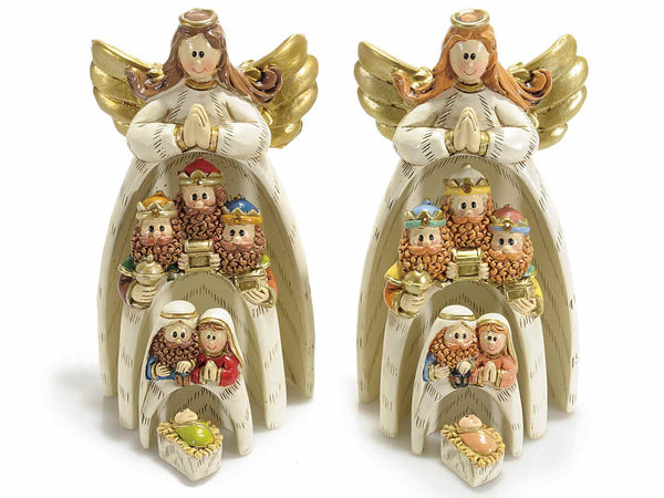 Set di 2 presepe in resina a incastro componibile con 4 personaggi con dettagli in oro, cm 8 x 4,5 x 14 H