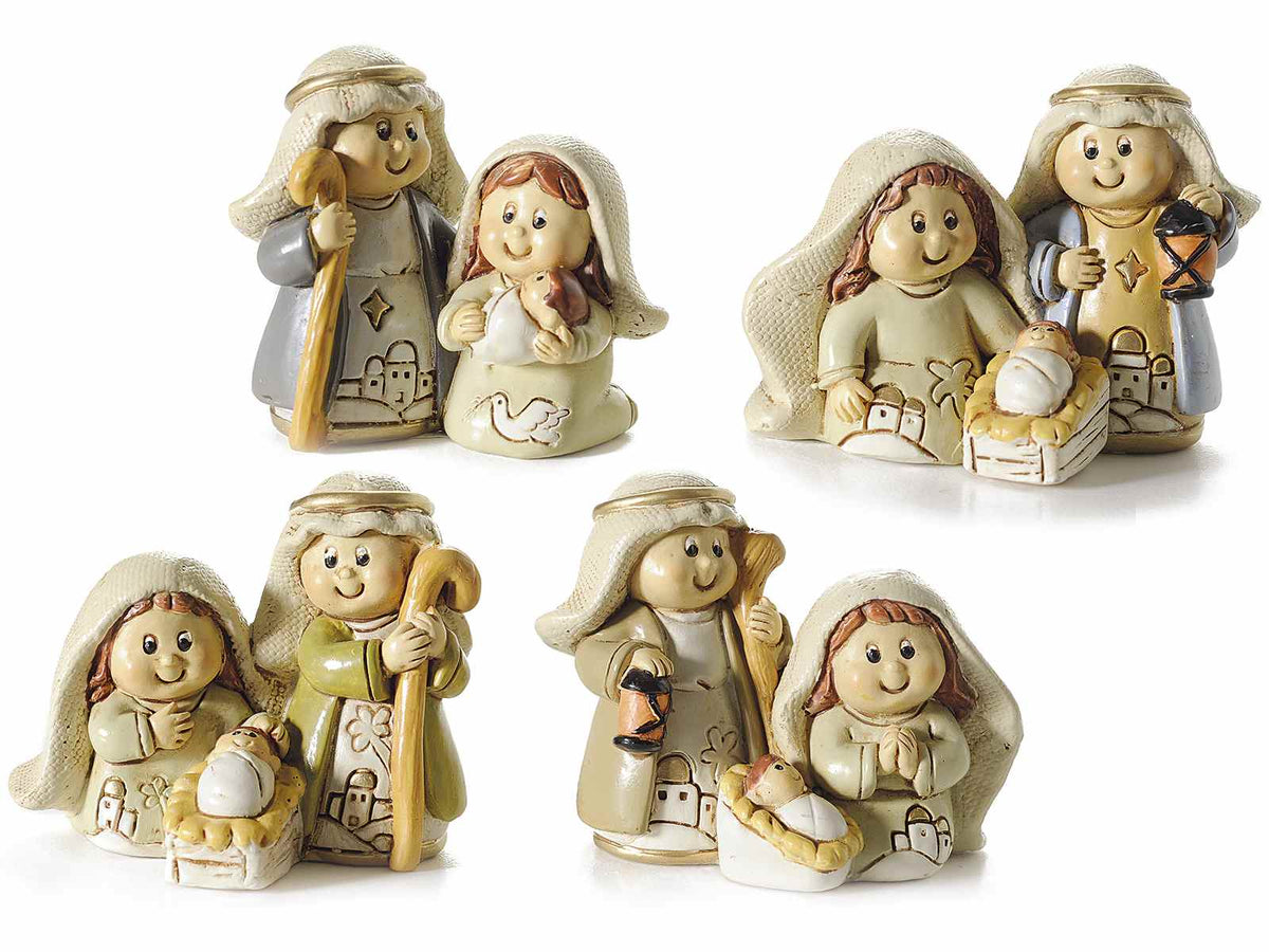 Statuine Presepe / Sacra Famiglia realizzate in resina colorata, da appoggiare, set da 4 pezzi, cm 6 x 3 x 4,5 H