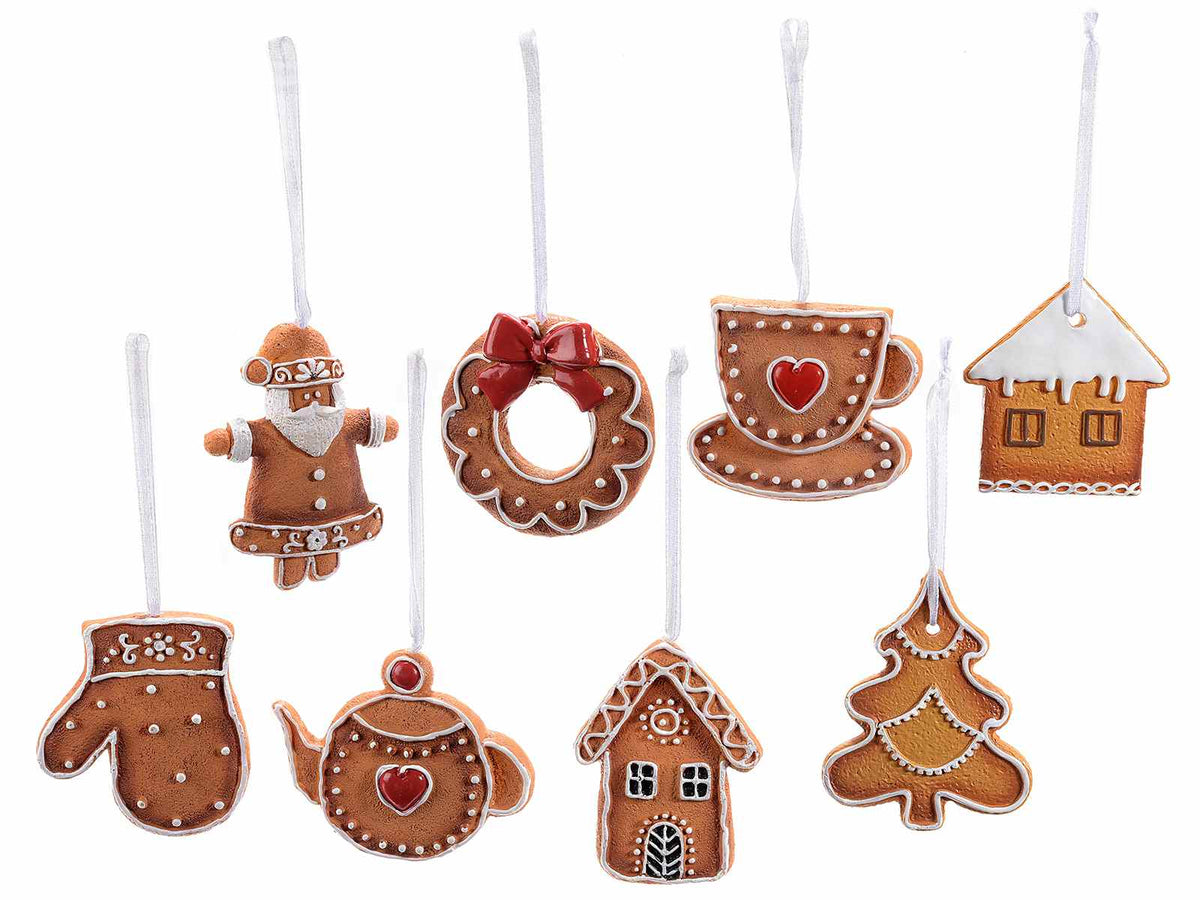 Addobbi albero di Natale da appendere biscottini pan di zenzero in resina, set da 16 pezzi, Babbo: cm 6 x 8 H