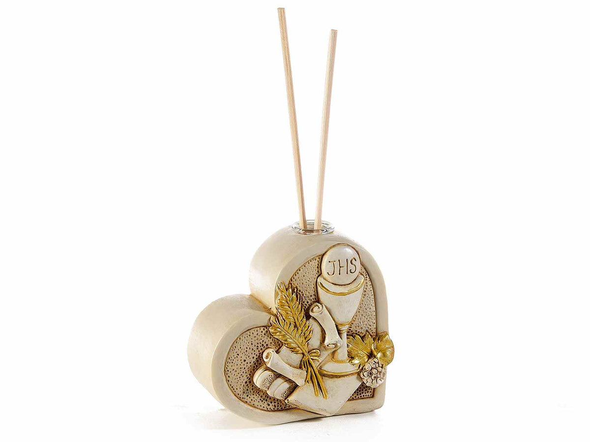 Cuori in resina per Comunione con vasetto e stick di legno per profumare, set da 6 pezzi, cm 7x3,5x7,5 H (con stick 16)