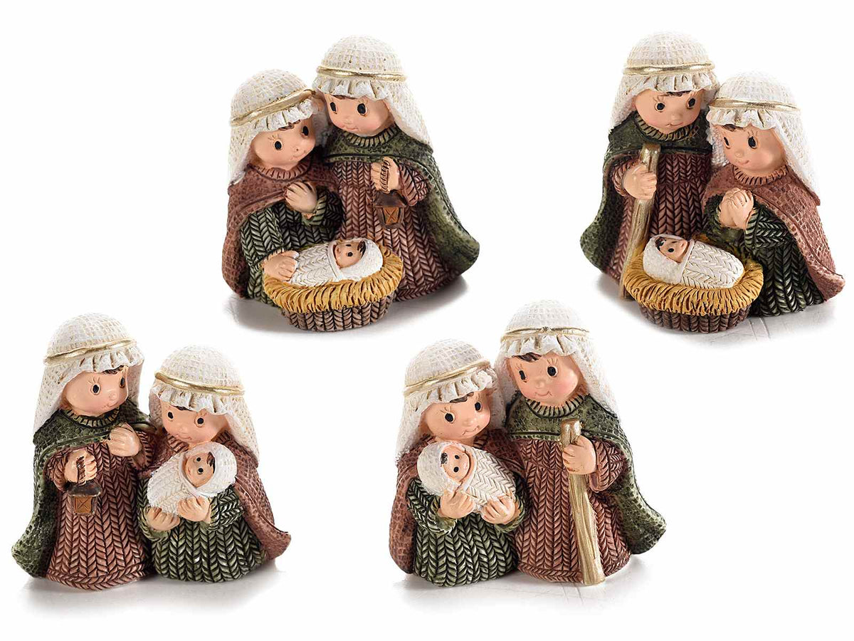 Statuine Presepe Sacra Famiglia realizzate in resina colorata, da appoggiare, set da 8 pezzi, cm 4,5 x 2 x 4,5 H