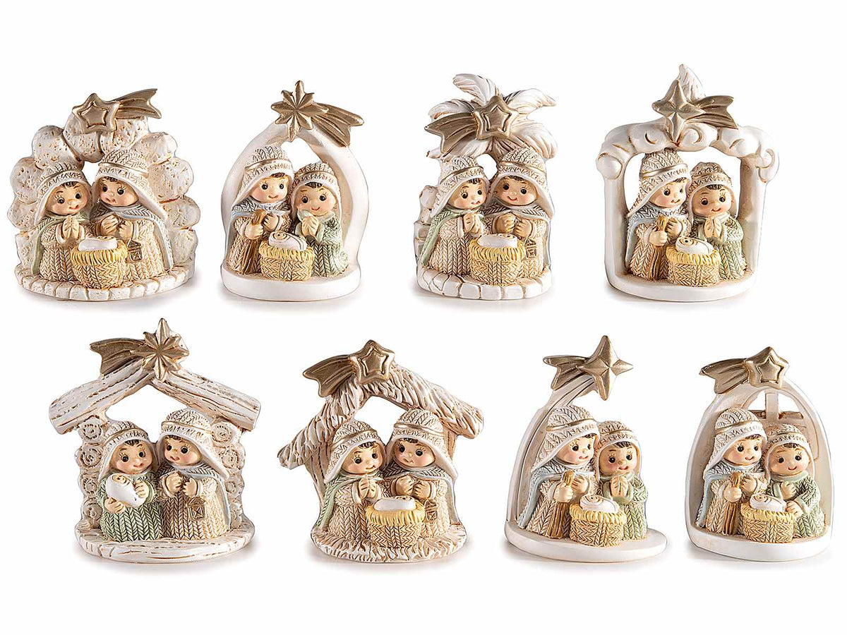 Statuine scene Presepe / Sacra Famiglia con stella cometa dorata realizzati, set da 8 pezzi, cm 6 x 3,5 x 6,5 H