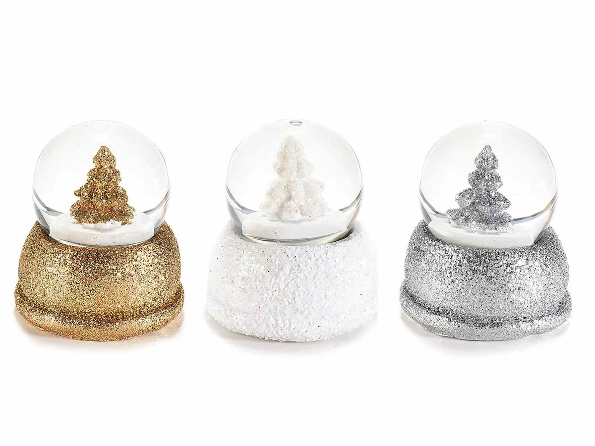 Sfere / palle a neve natalizie con albero di Natale e base in resina glitterati, set da 9 pezzi, Ø 4,5 cm x 5 H