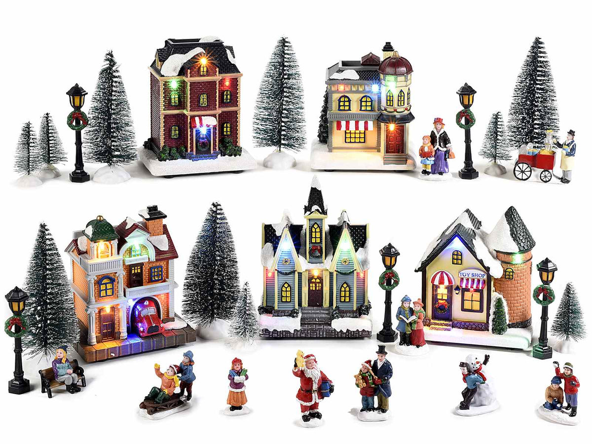 Set villaggio natalizio componibile in resina con luci da 30 pezzi. Include, Chiesa: cm 10,5x7,5x14,5 H
