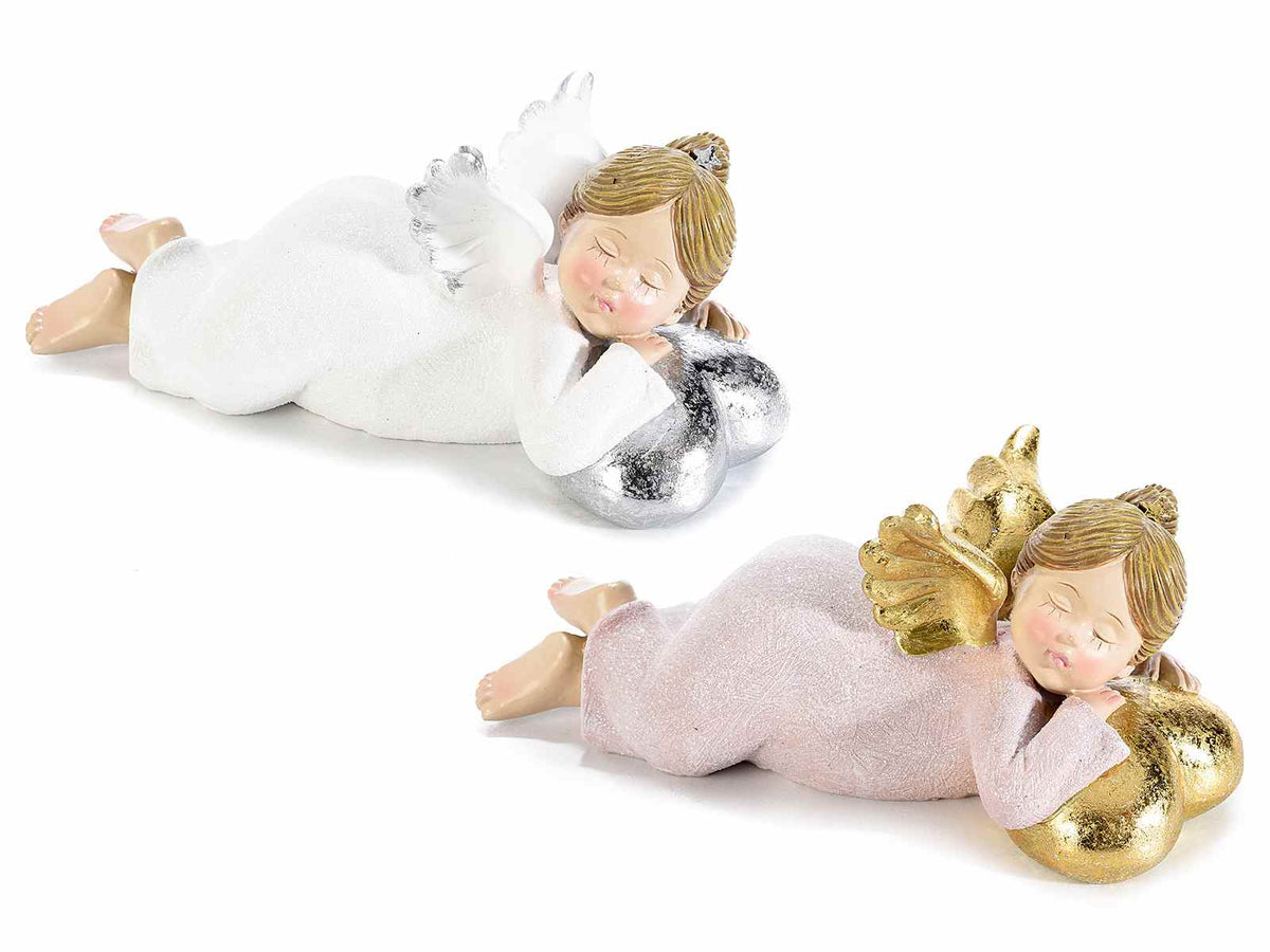 Angioletti di Natale in resina con glitter e dettagli oro e argento, set da 2 pezzi, cm 16,5 x 8,5 x 7,5 H