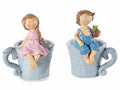 Vasi in resina a tazzina con decorazione coppia di bambini sul bordo, set da 4 pezzi, cm 10 x 9 x 13 H
