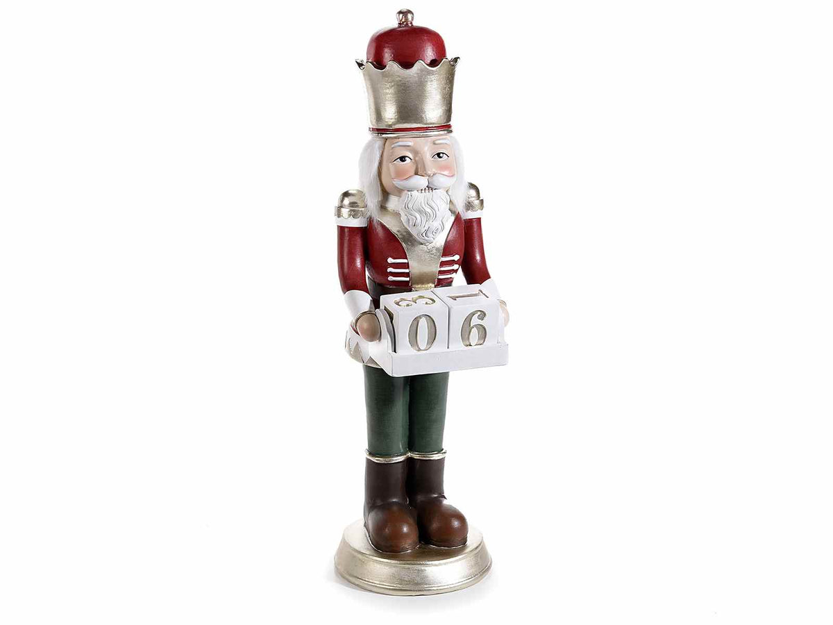 Soldatino schiaccianoci in resina con dettagli dorati e calendario perpetuo, cm 16,5 x 19 x 59 H