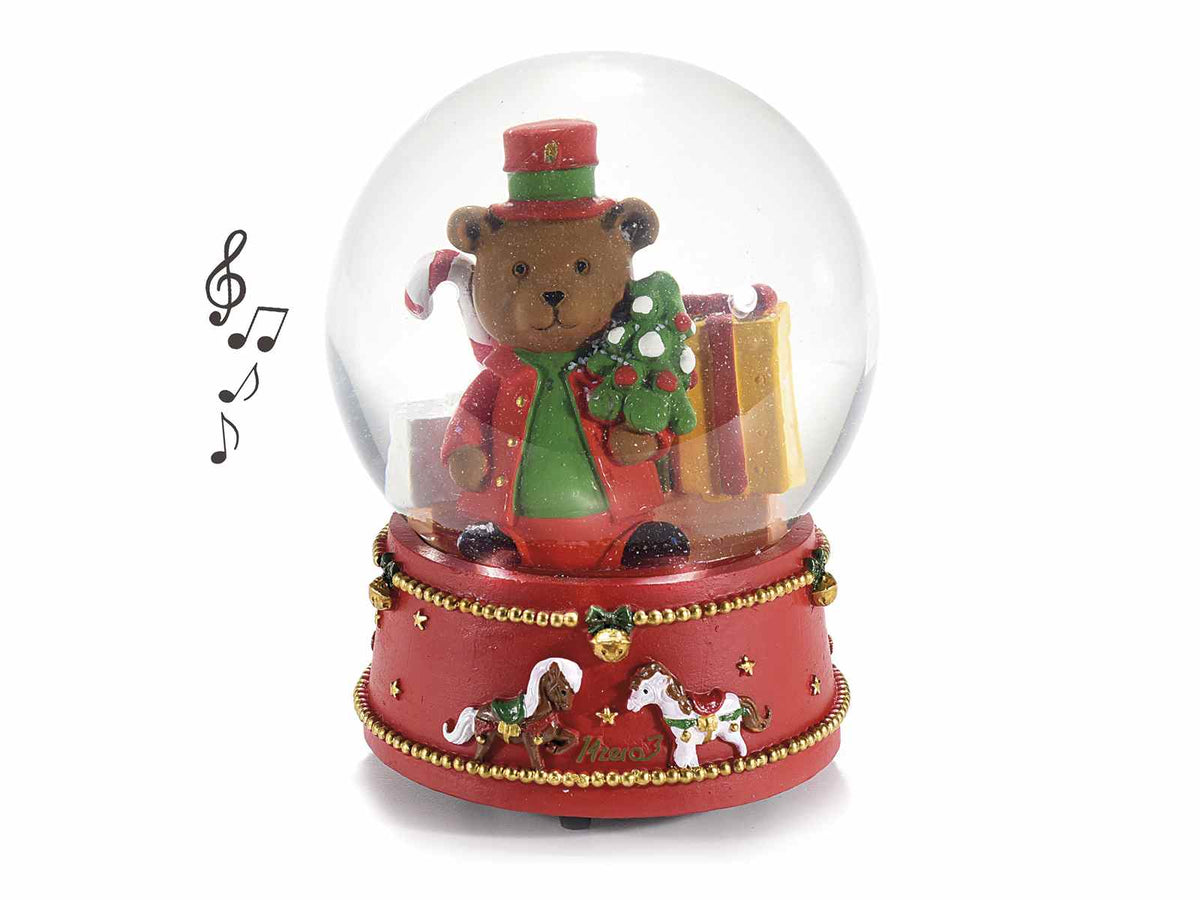 Palle a neve con carillon e orsetto natalizio con pacchetti regalo su base, Ø 10 cm x 13 H