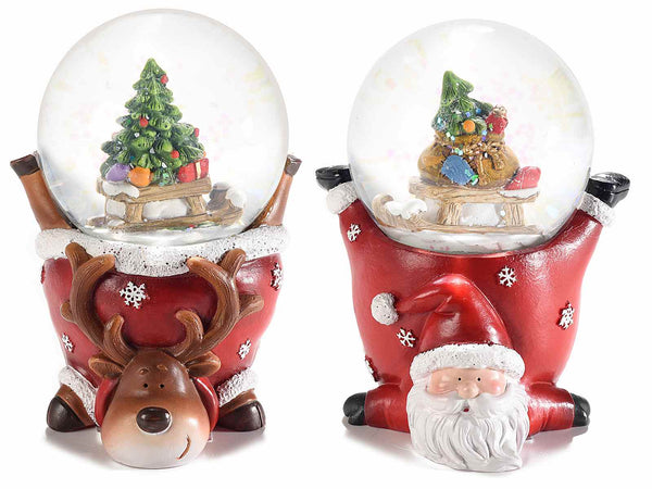 Set di 4 sfere a neve su base in resina a Babbo Natale e renna con decori natalizi all'interno, Babbo: cm 8,5x7,5x10,5 H