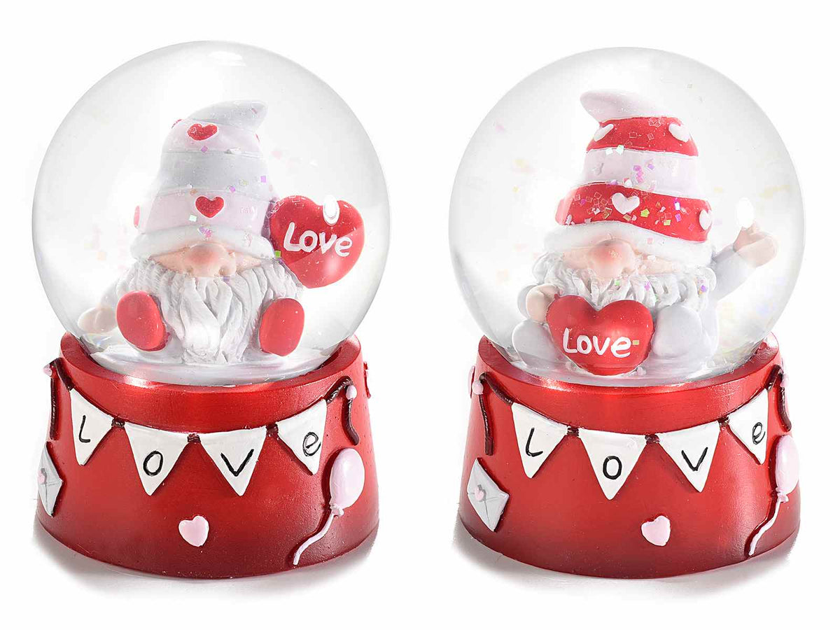 Palle a neve con glitter, in vetro con gnometti innamorati e base in resina, set da 4 pezzi, Ø 6,5 cm x 8,5 H