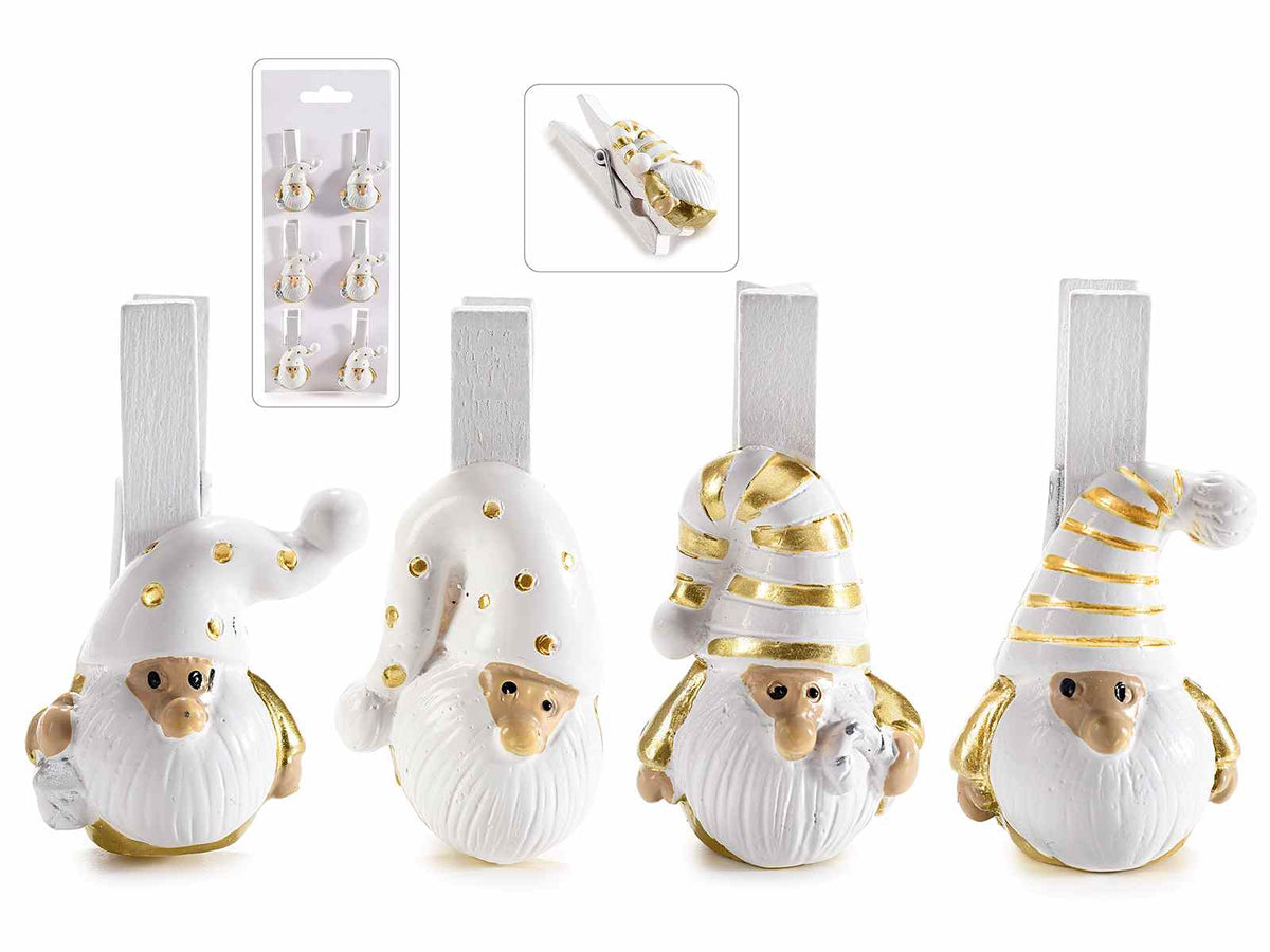 Mollettine da pacco Gnomo Babbo Natale in legno con dettagli dorati design, set da 6 pezzi, cm 2 x 4,5 H