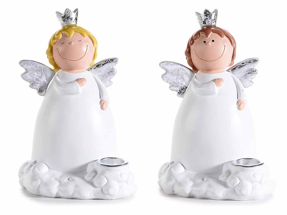 Porta candele in resina con angioletto e decori argento, set da 4 pezzi, cm 11 x 11,5 x 17 H