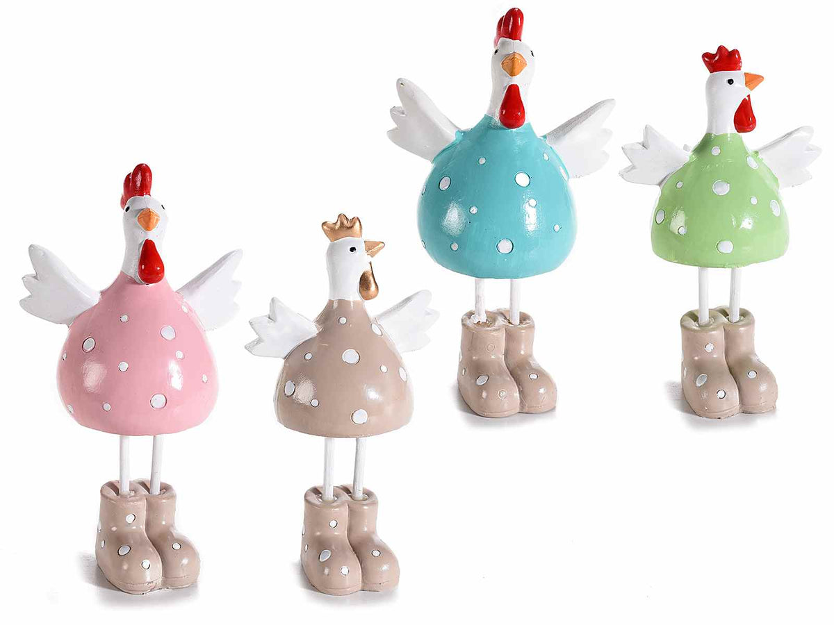 Gallinelle decorative in resina colorata, set da 4 pezzi, Grande : cm 6,5 x 6 x 11 H