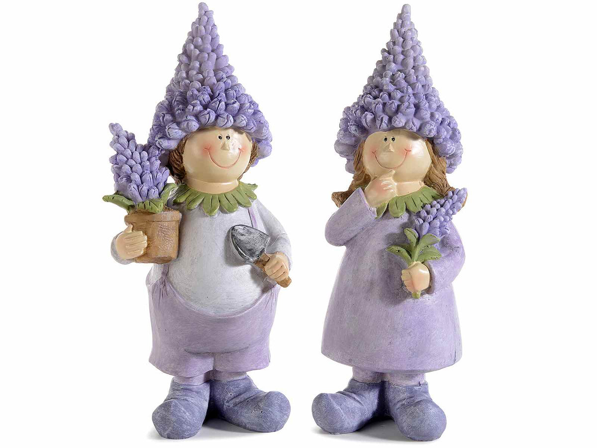 Coppia di folletti della lavanda decorativi in resina da appoggiare, set da 2 pezzi, cm 9 x 7,5 x 20 H