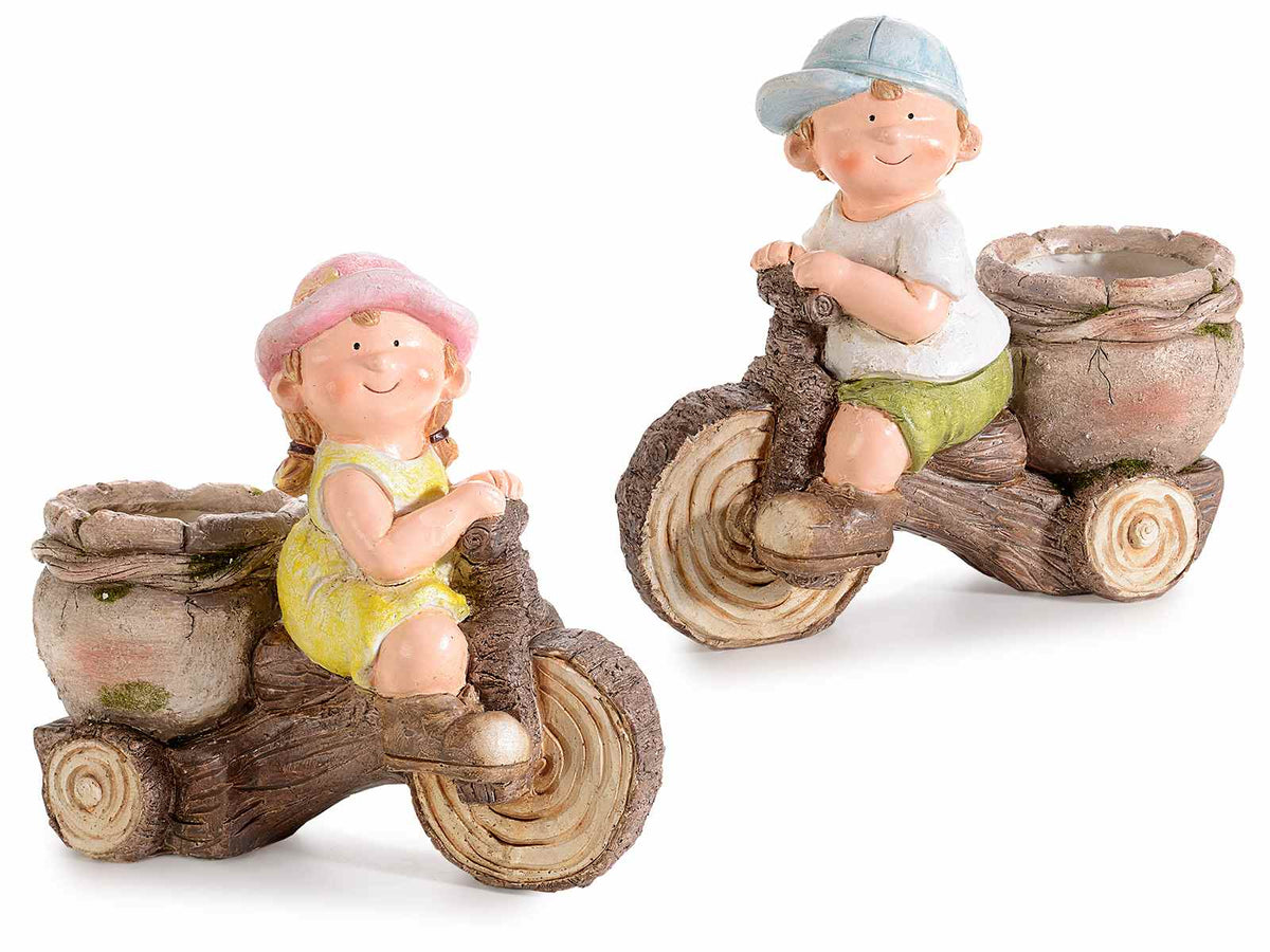 Bimbo e bimba in bicicletta decorativi in resina colorata con vasetto portafiori, set da 2 pezzi, cm 26,5 x 12,5 x 23,5 H